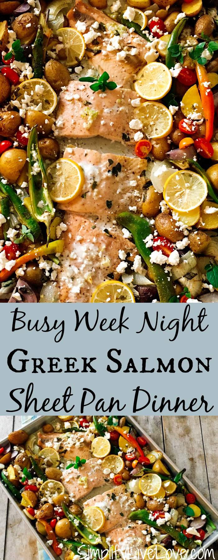 This Greek salmon sheet pan dinner recipe cooks on only one pan for quick clean up! Prep is pretty easy and the dish is so delicious! Try it tonight!